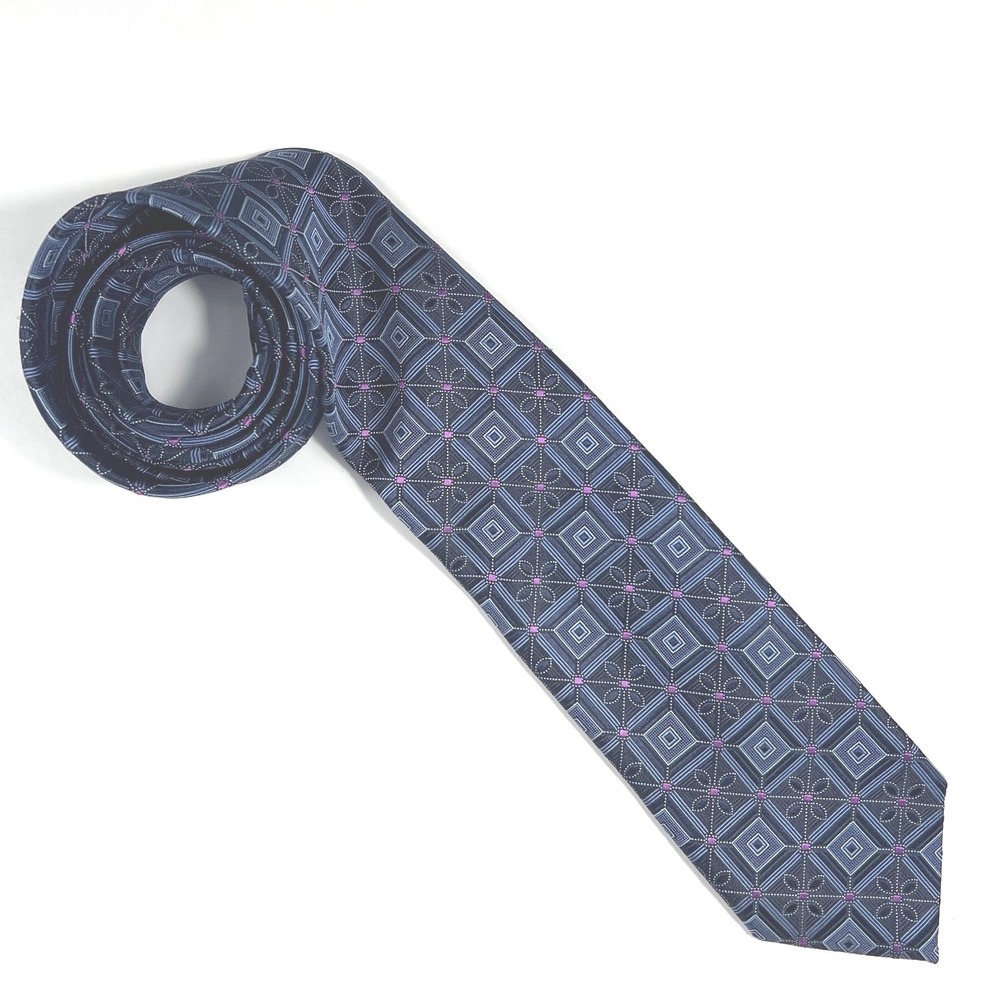 Ermenegildo Zegna Silk Tie Navy Blue Geometric Floral Lux Made in Italy NWT $165